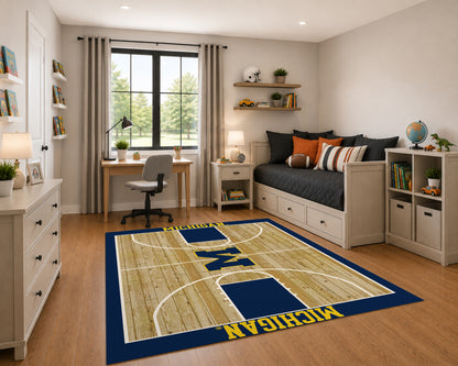 Michigan Wolverines Courtside Rug in Room Setting - Officially Licensed NCAA Area Rug