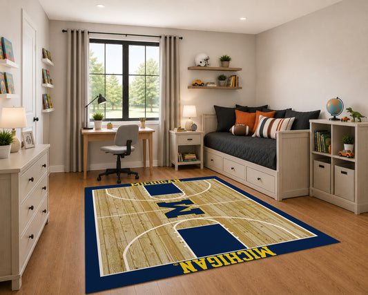 Michigan Wolverines Courtside Rug in Room Setting - Officially Licensed NCAA Area Rug