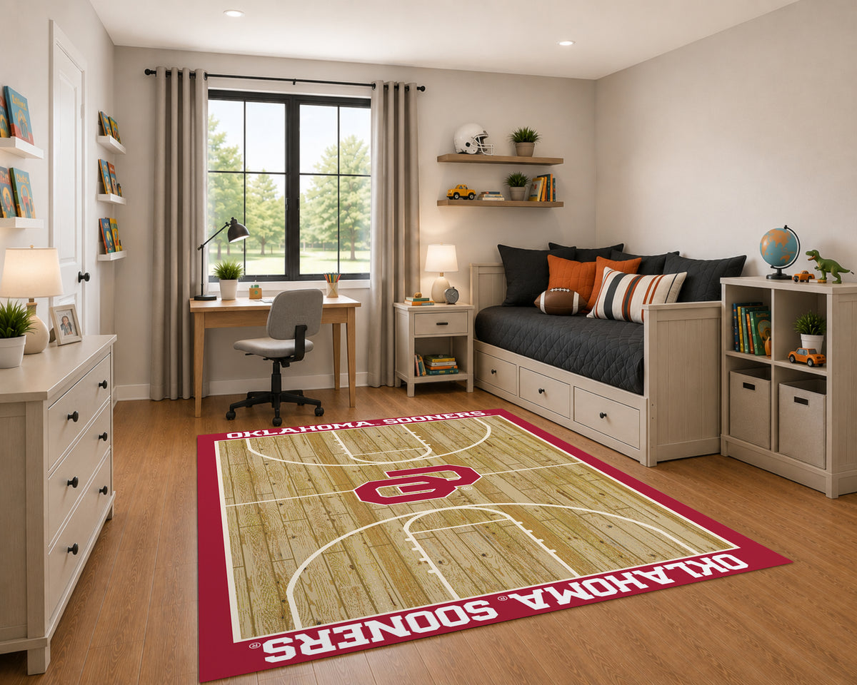 Oklahoma Sooners Courtside Rug in Room Setting - Officially Licensed NCAA Area Rug