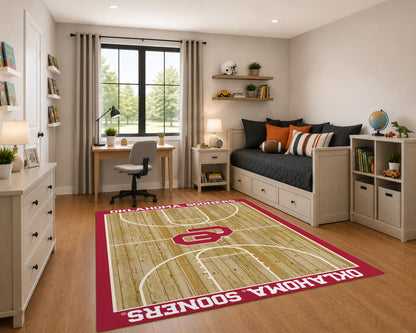 Oklahoma Sooners Courtside Rug in Room Setting - Officially Licensed NCAA Area Rug