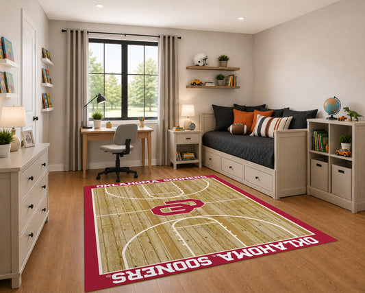 Oklahoma Sooners Courtside Rug in Room Setting - Officially Licensed NCAA Area Rug