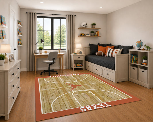 Texas Longhorns Courtside Rug in Room Setting - Officially Licensed NCAA Area Rug