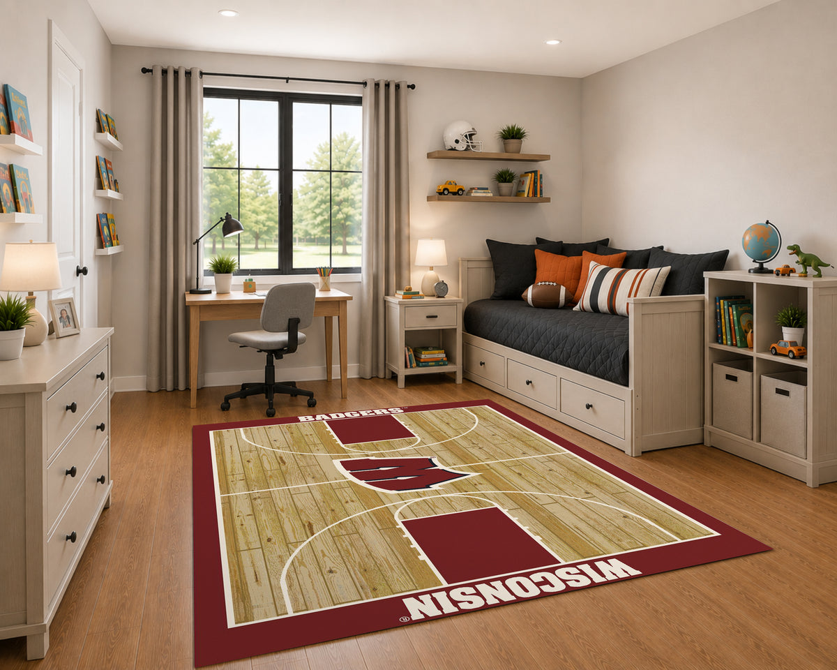 Wisconsin Badgers Courtside Rug in Room Setting - Officially Licensed NCAA Area Rug