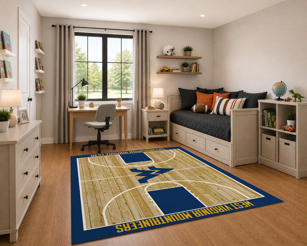 West Virginia Mountaineers Courtside Rug in Room Setting - Officially Licensed NCAA Area Rug