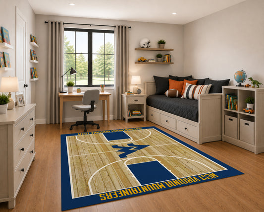 West Virginia Mountaineers Courtside Rug in Room Setting - Officially Licensed NCAA Area Rug