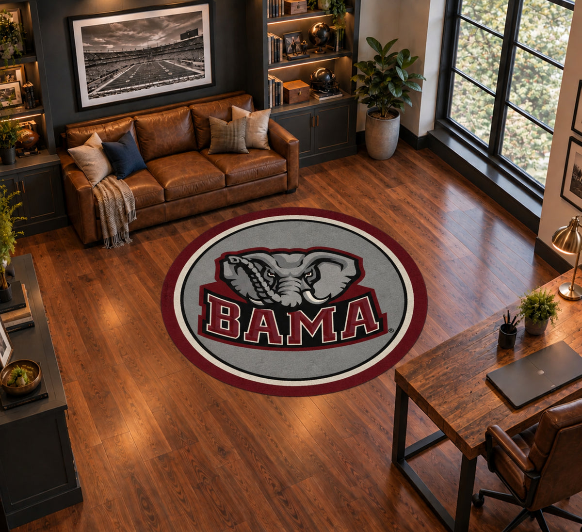 Alabama Crimson Tide Round Spirit Rug in Room Setting - Officially Licensed NCAA Area Rug