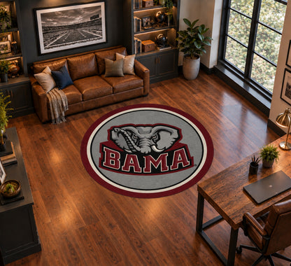 Alabama Crimson Tide Round Spirit Rug in Room Setting - Officially Licensed NCAA Area Rug