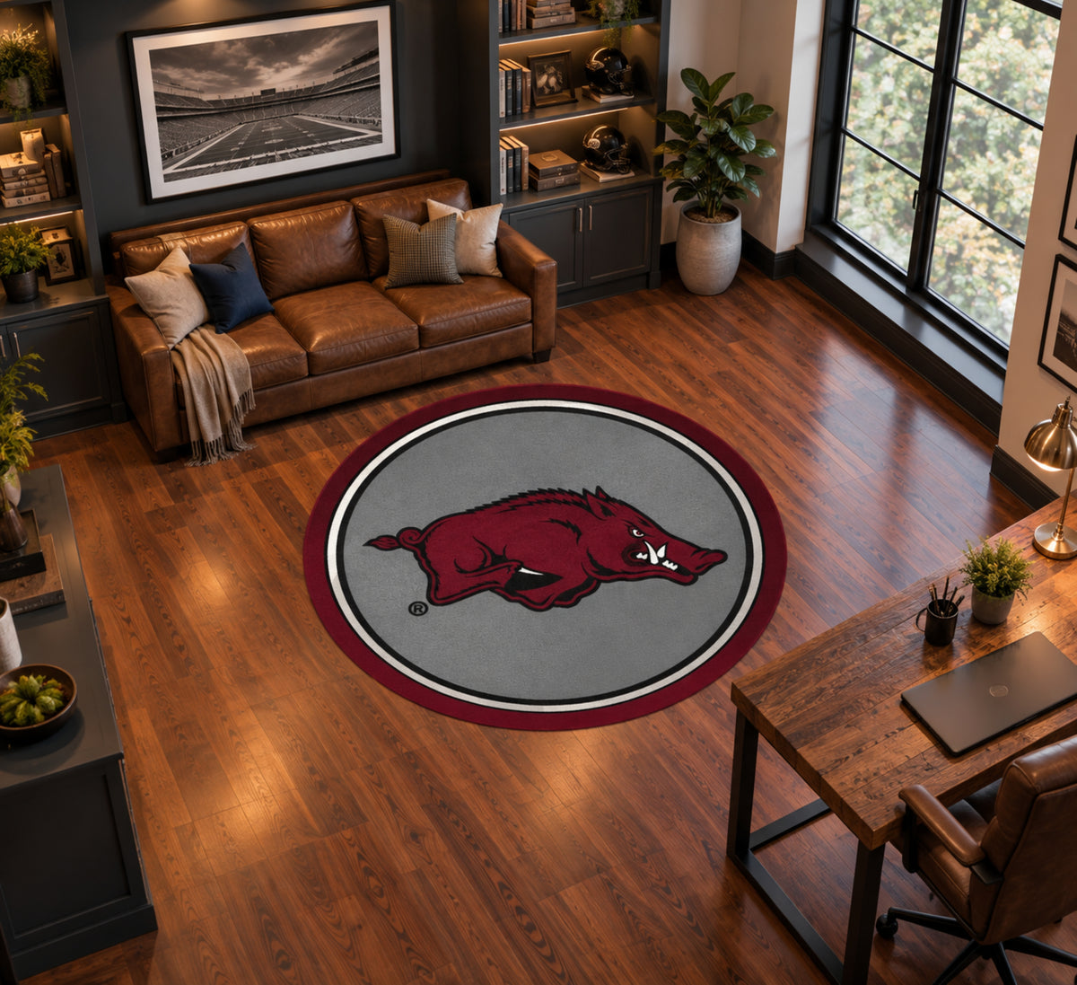 Arkansas Razorbacks Round Spirit Rug in Room Setting - Officially Licensed NCAA Area Rug