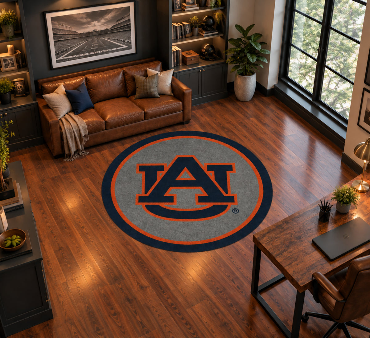 Auburn Tigers Round Spirit Rug in Room Setting - Officially Licensed NCAA Area Rug