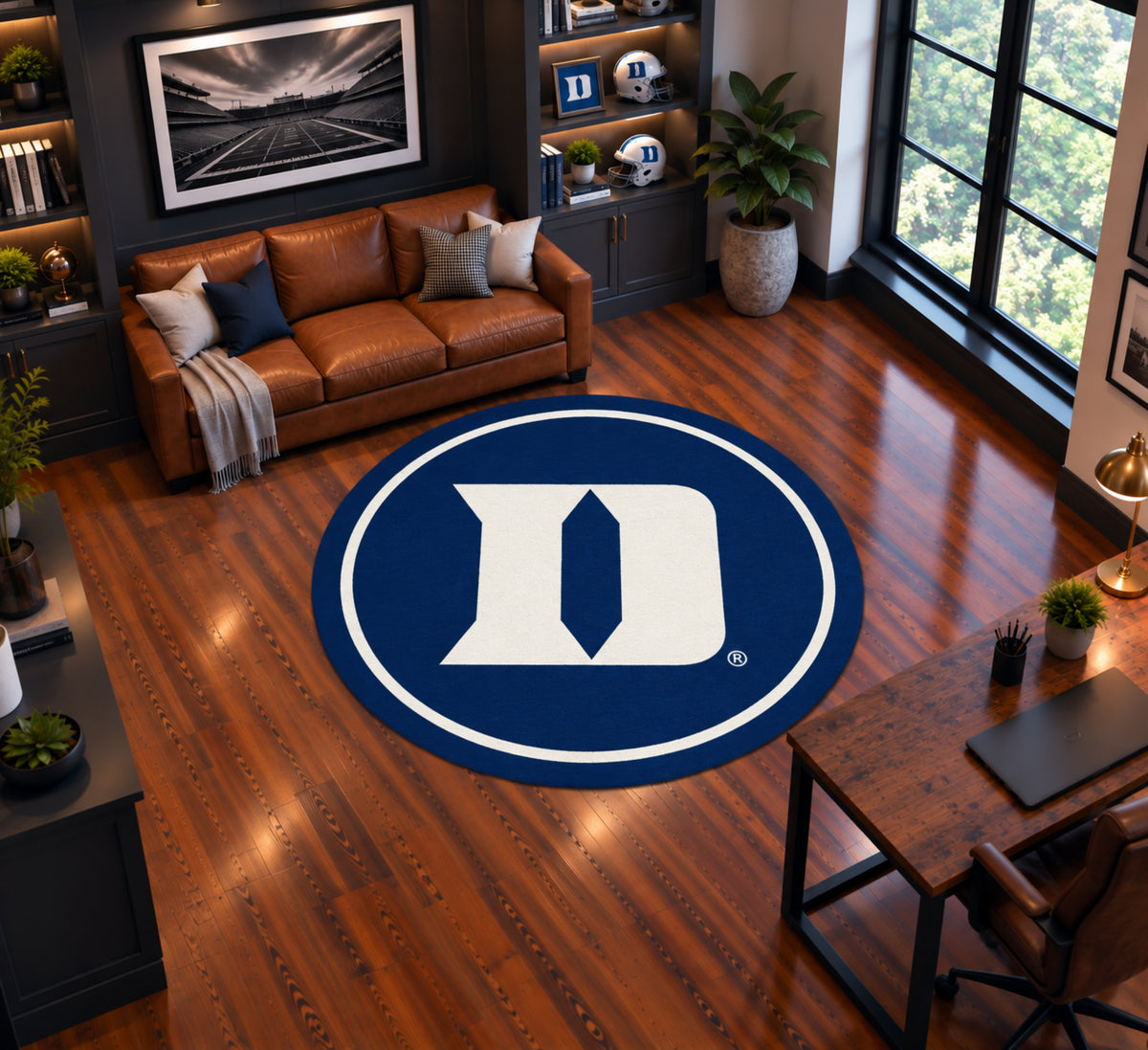 Duke Blue Devils Round Spirit Rug in Room Setting - Officially Licensed NCAA Area Rug