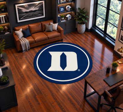 Duke Blue Devils Round Spirit Rug in Room Setting - Officially Licensed NCAA Area Rug