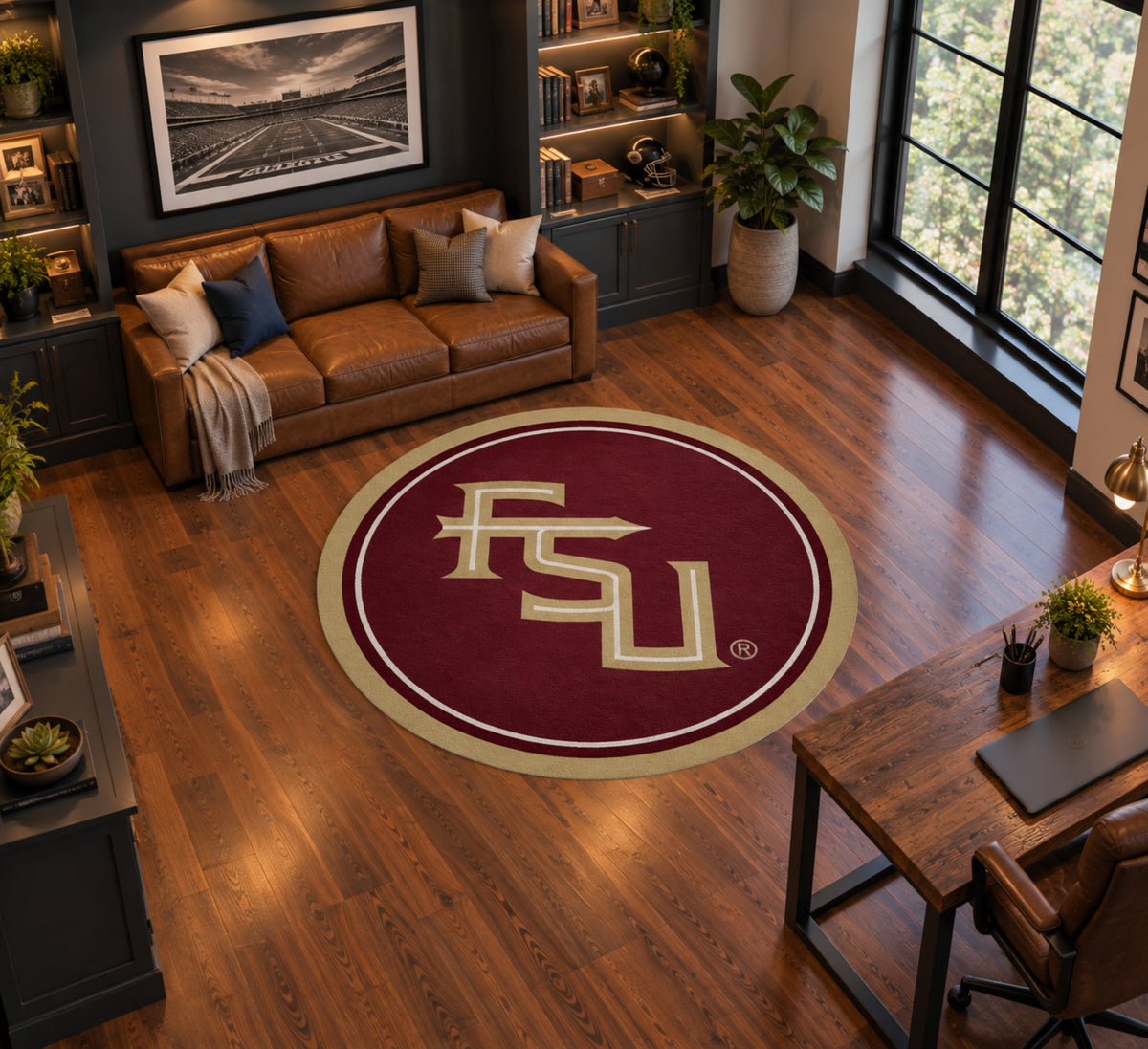 Florida State Seminoles Round Spirit Rug in Room Setting - Officially Licensed NCAA Area Rug
