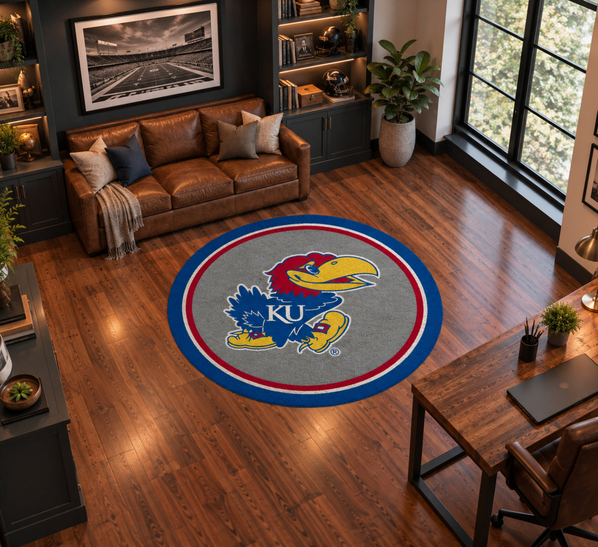 Kansas Jayhawks Round Spirit Rug in Room Setting - Officially Licensed NCAA Area Rug