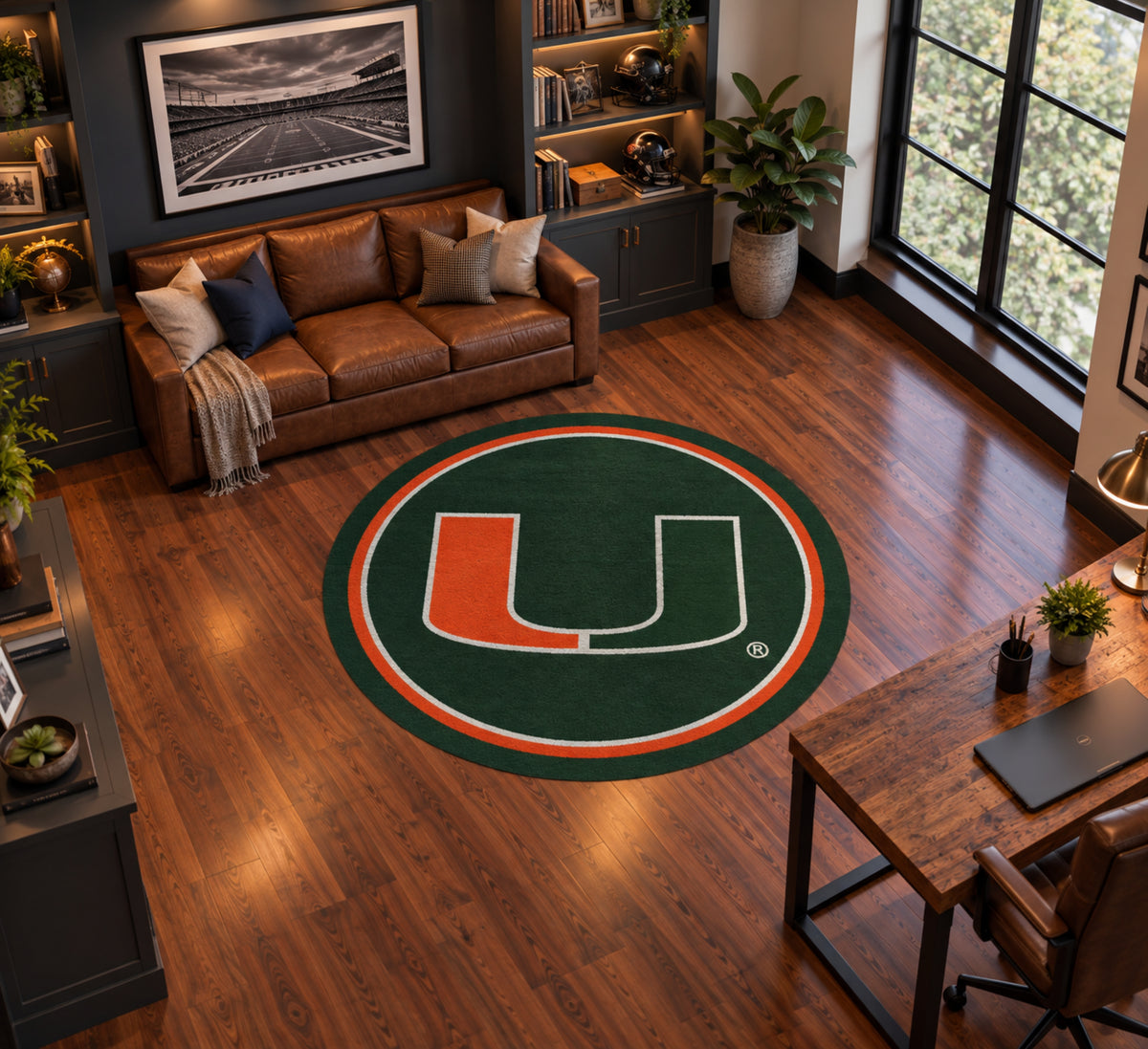 Miami Hurricanes Round Spirit Rug in Room Setting - Officially Licensed NCAA Area Rug