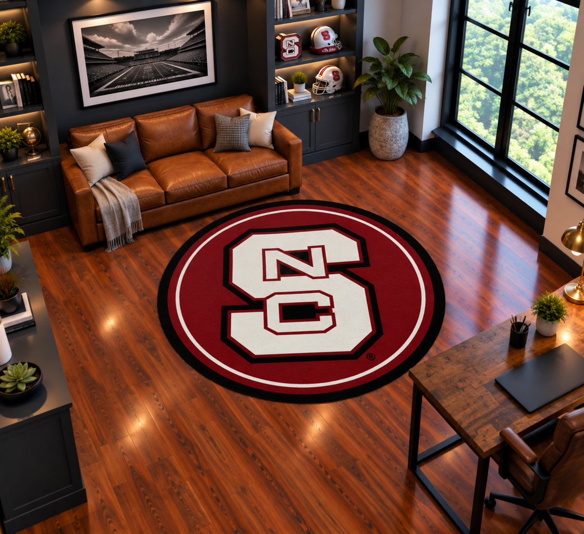 NC State Wolfpack Round Spirit Rug in Room Setting - Officially Licensed NCAA Area Rug