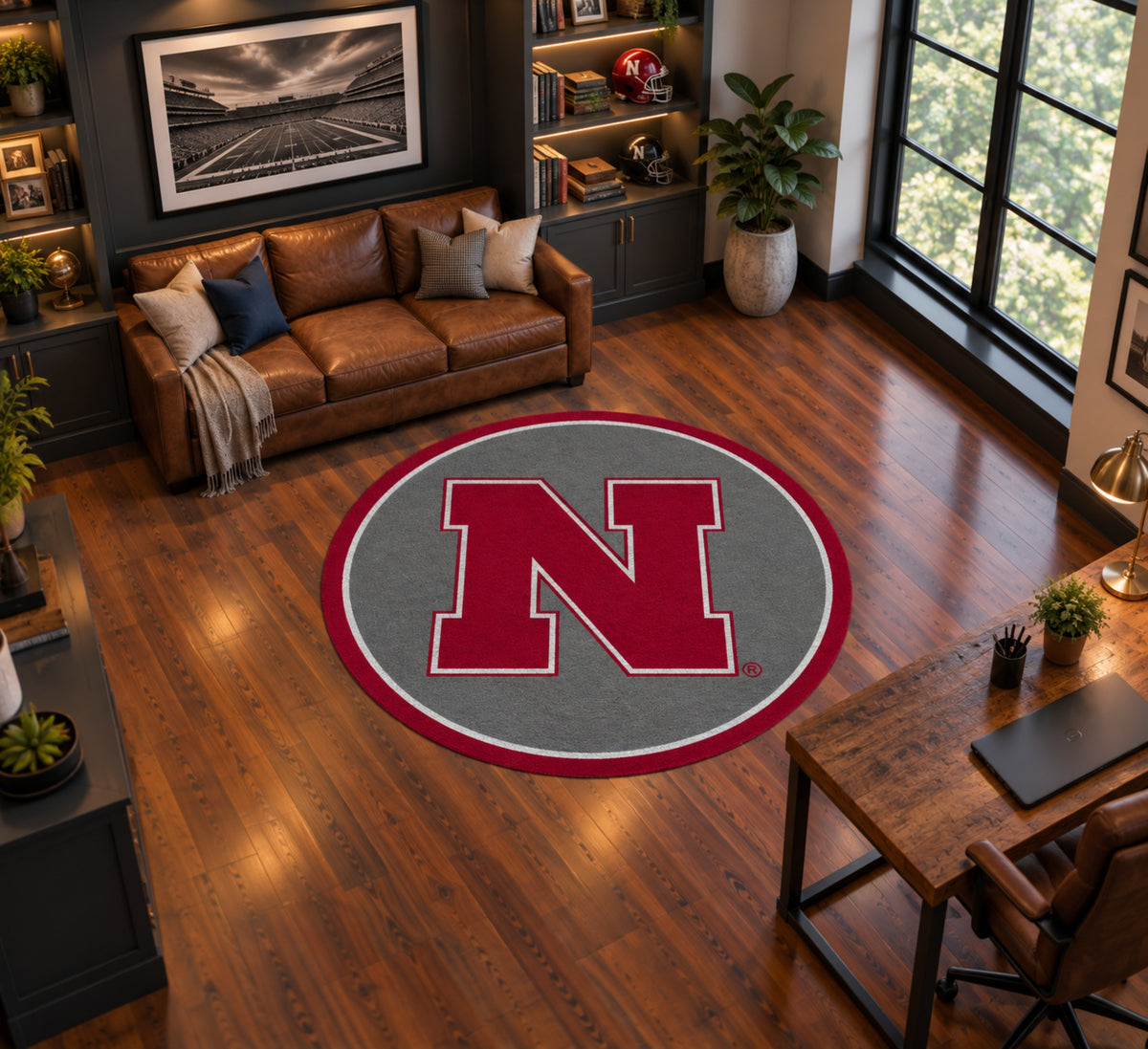 Nebraska Cornhuskers Round Spirit Rug in Room Setting - Officially Licensed NCAA Area Rug