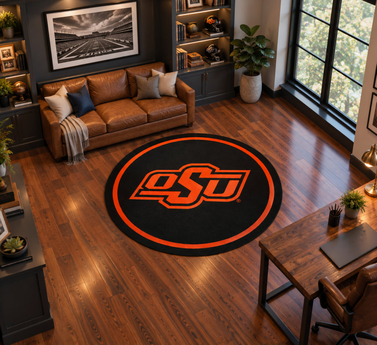 Oklahoma State Cowboys Round Spirit Rug in Room Setting - Officially Licensed NCAA Area Rug