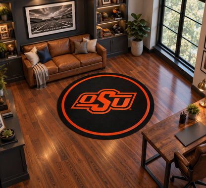 Oklahoma State Cowboys Round Spirit Rug in Room Setting - Officially Licensed NCAA Area Rug
