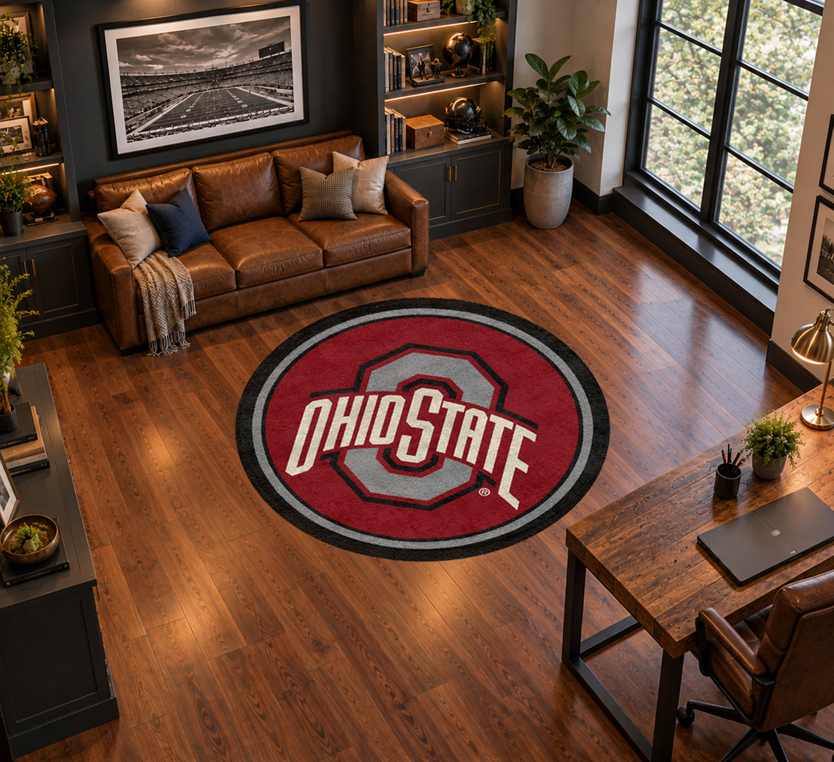 Ohio State Buckeyes Round Spirit Rug in Room Setting - Officially Licensed NCAA Area Rug