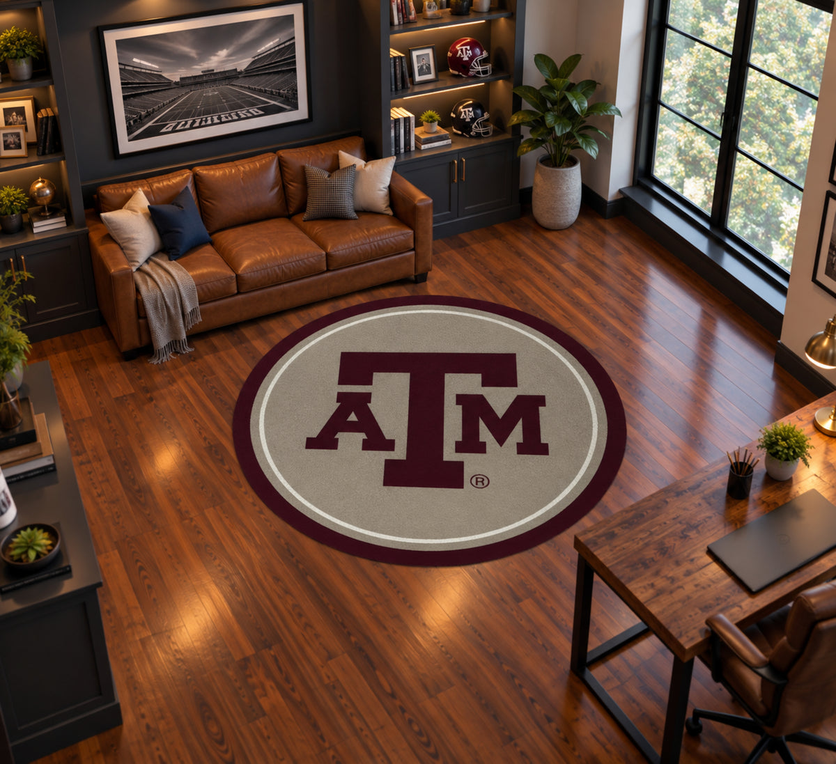 Texas A&M Aggies Round Spirit Rug in Room Setting - Officially Licensed NCAA Area Rug