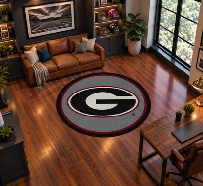 Georgia Bulldogs Round Spirit Rug in Room Setting - Officially Licensed NCAA Area Rug