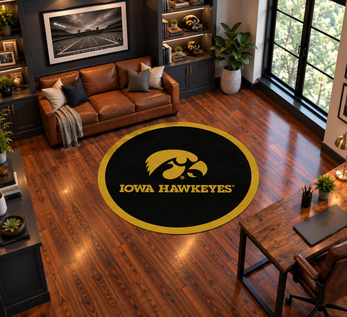 Iowa Hawkeyes Round Spirit Rug in Room Setting - Officially Licensed NCAA Area Rug