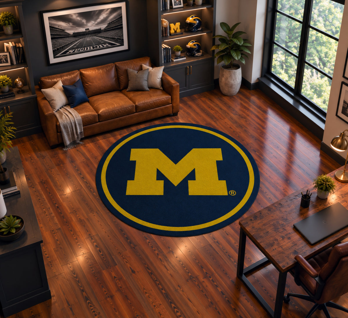 Michigan Wolverines Round Spirit Rug in Room Setting - Officially Licensed NCAA Area Rug