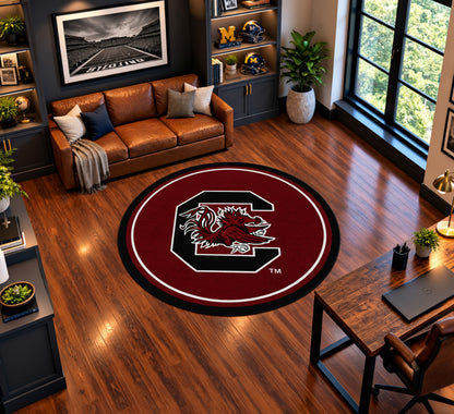 South Carolina Gamecocks Round Spirit Rug in Room Setting - Officially Licensed NCAA Area Rug