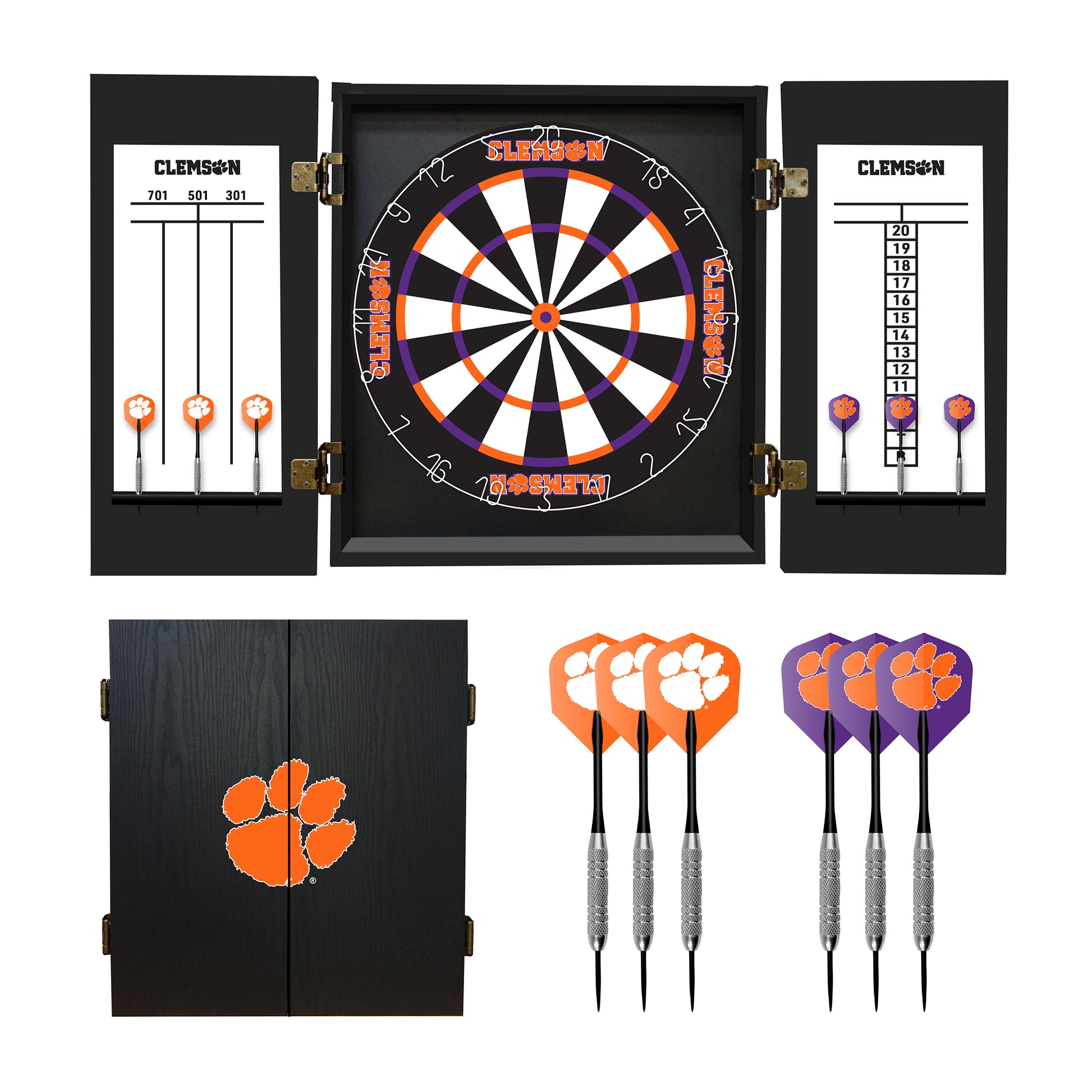 Clemson Tigers Dartboard Cabinet Set - Officially Licensed NCAA Game Room