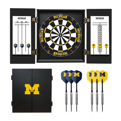 Michigan Wolverines Dartboard Cabinet Set - Officially Licensed NCAA Game Room