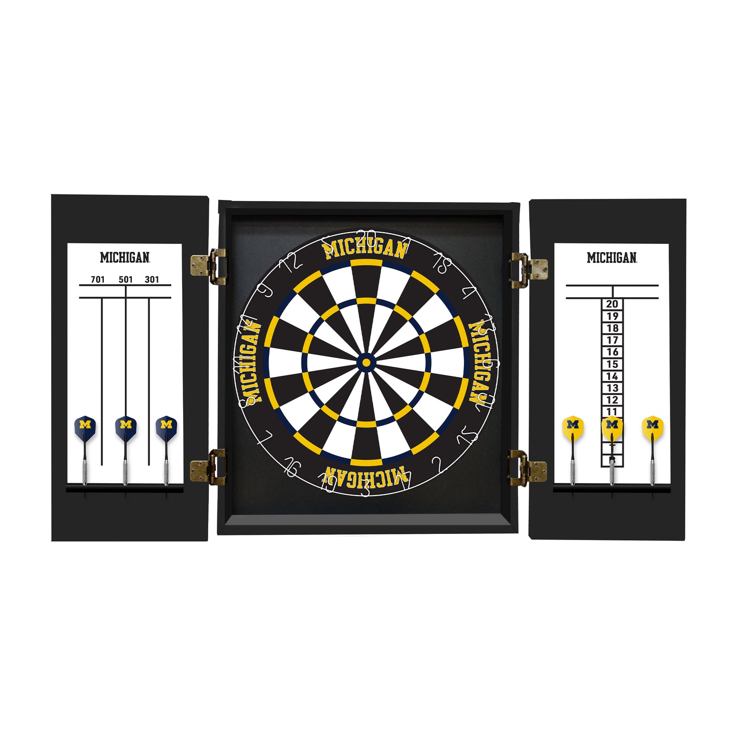 Michigan Wolverines Dartboard Cabinet Set - Officially Licensed NCAA Game Room