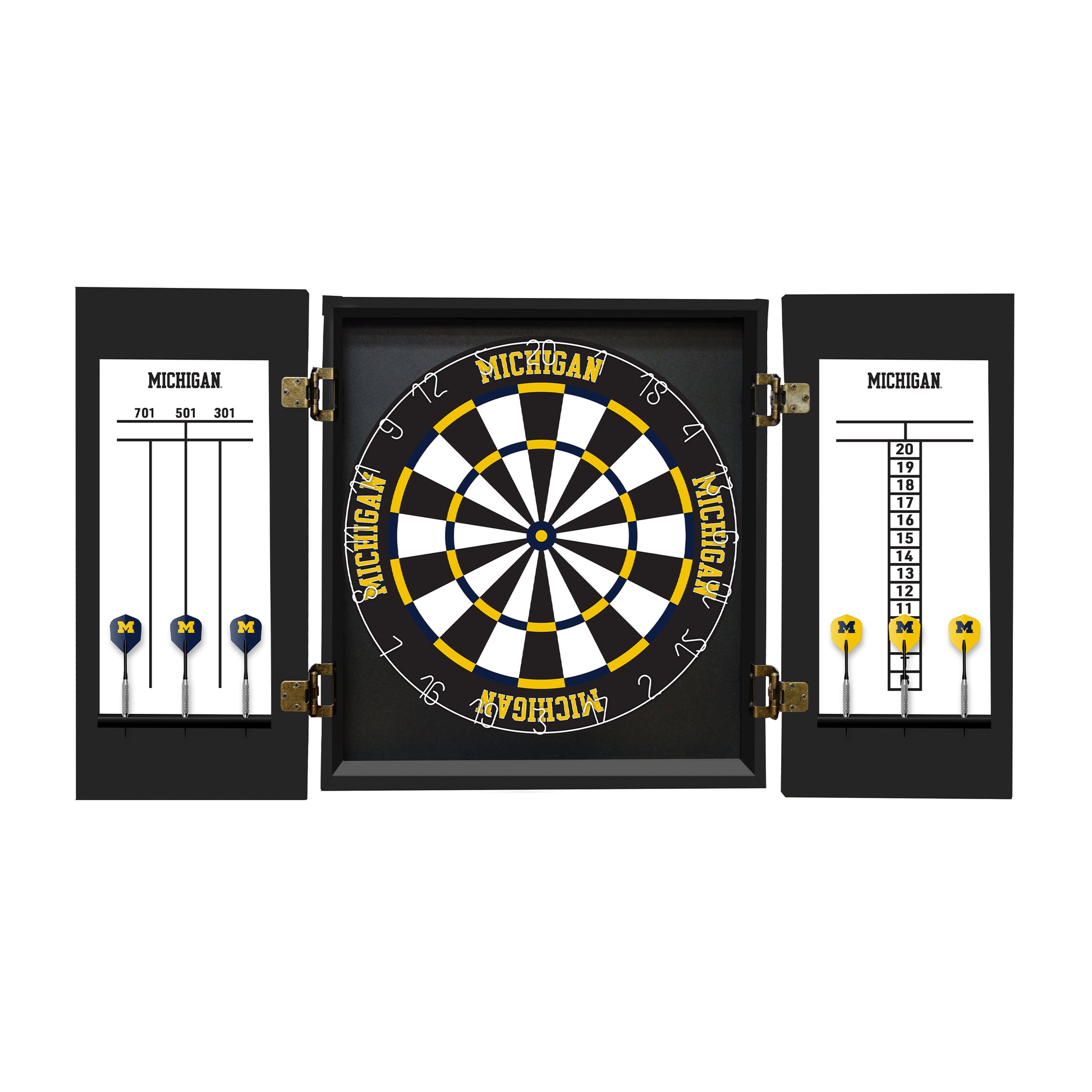 Michigan Wolverines Dartboard Cabinet Set - Officially Licensed NCAA Game Room