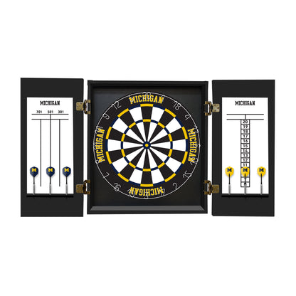 Michigan Wolverines Dartboard Cabinet Set - Officially Licensed NCAA Game Room