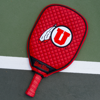 Utah Utes quilted pickleball paddle cover on court view