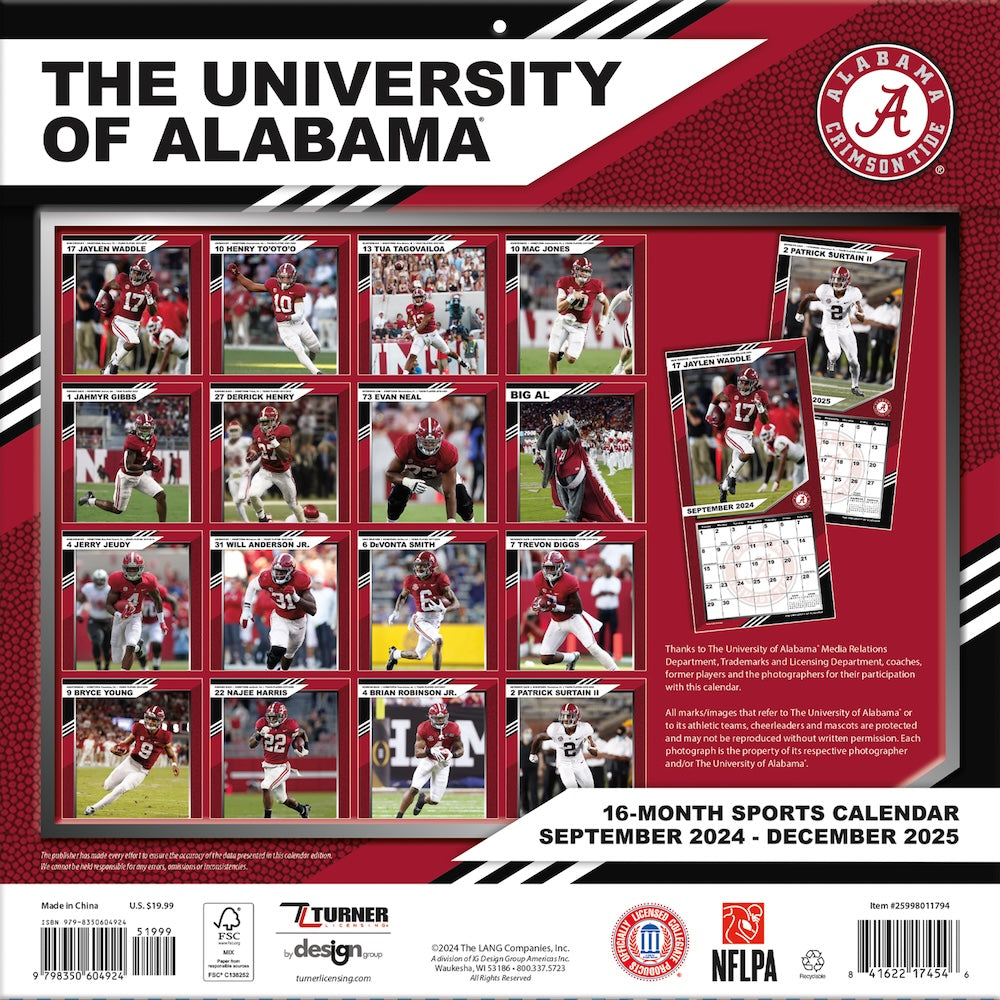 Alabama Crimson Tide Team Photos Wall Calendar Back