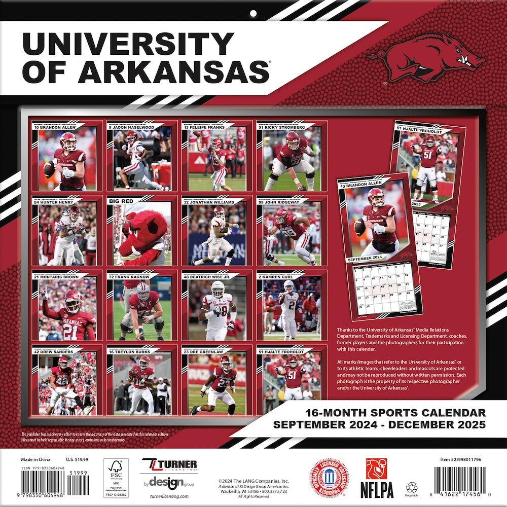 Arkansas Razorbacks Team Photos Wall Calendar Back