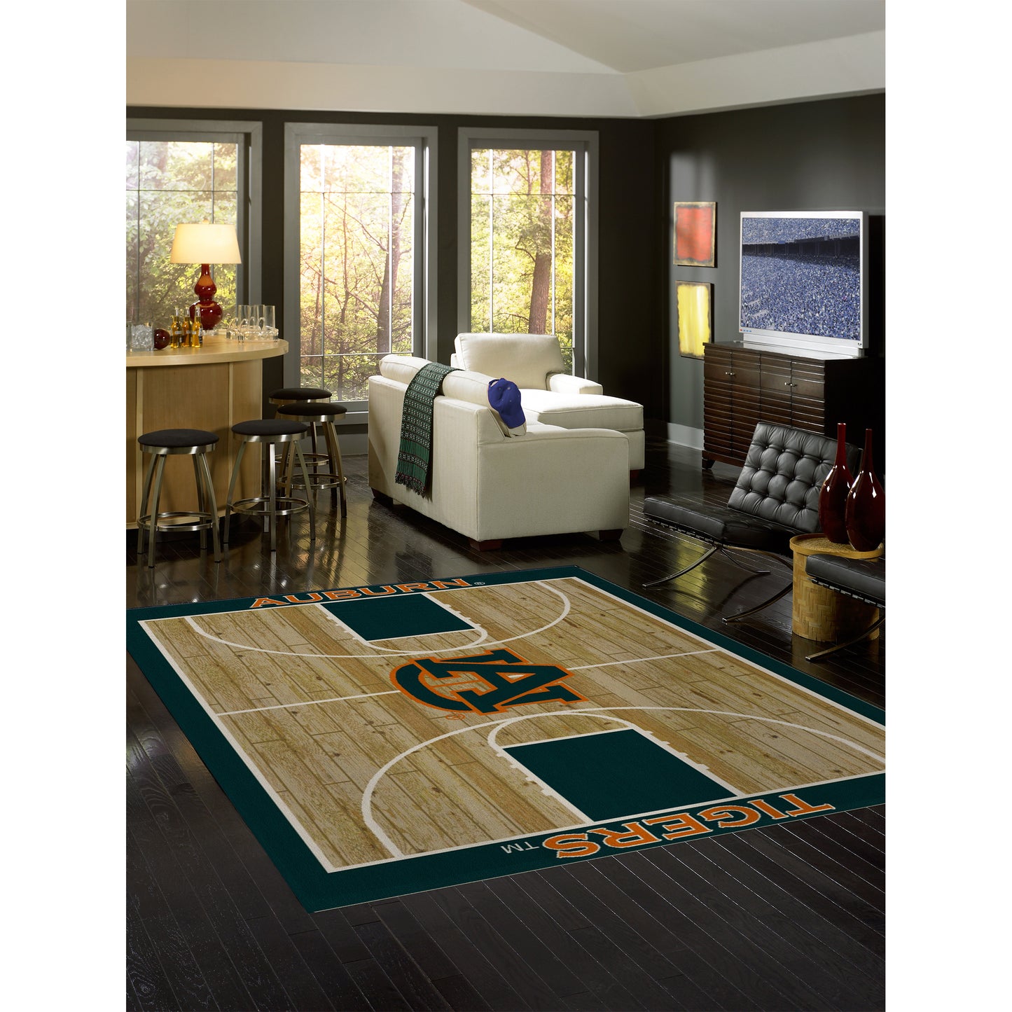 Auburn Tigers courtside style area rug lifestyle