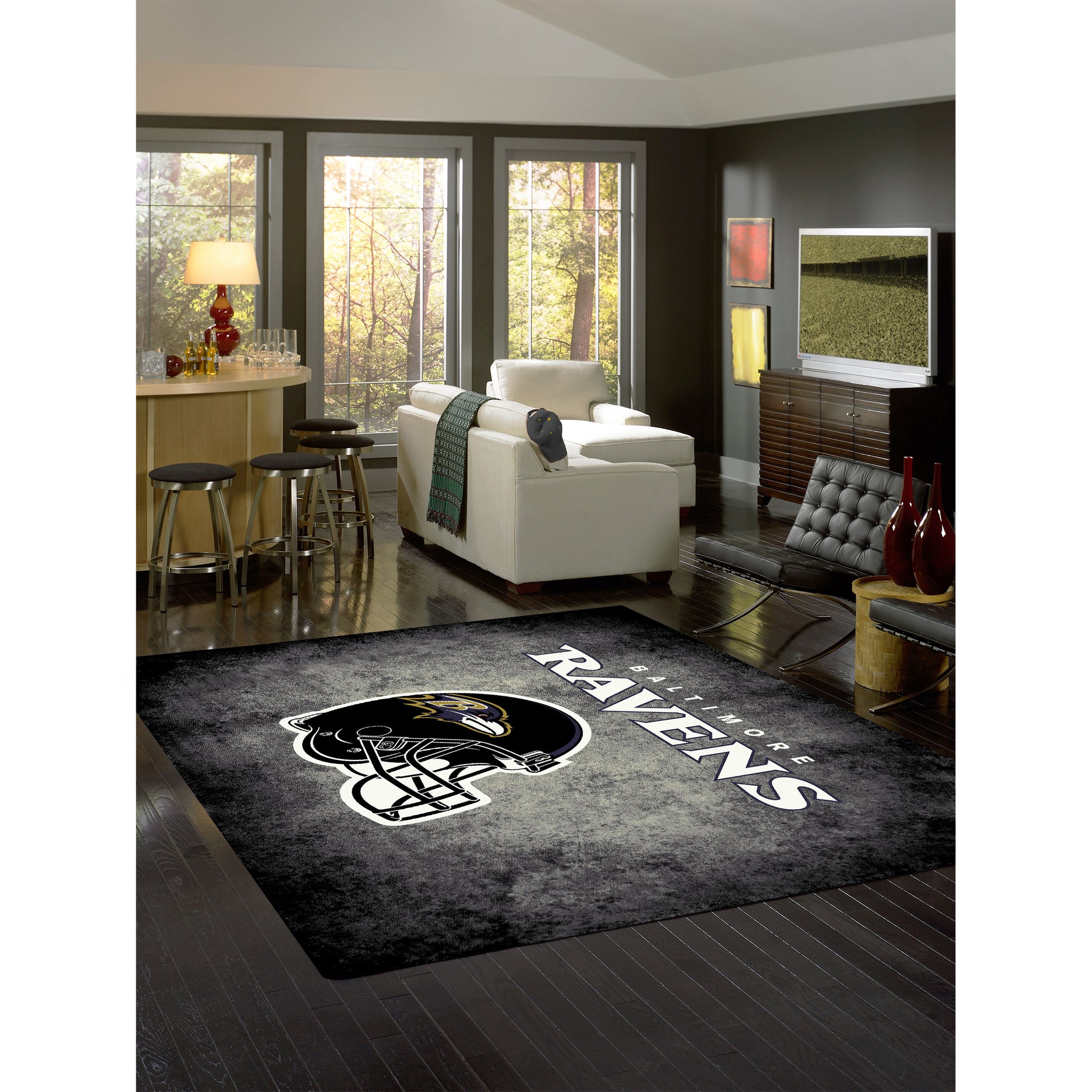 Baltimore Ravens distressed style area rug lifestyle