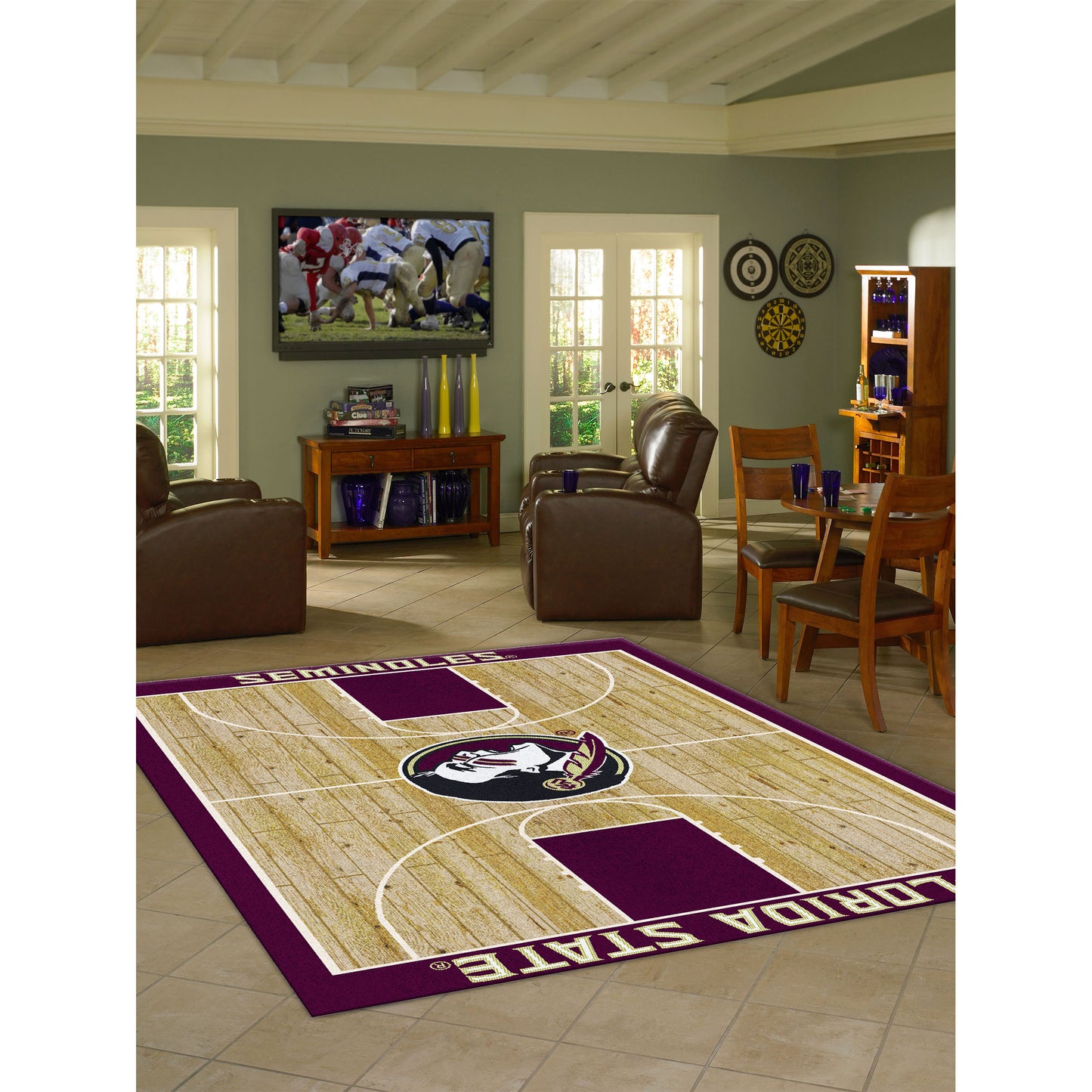 Florida State Seminoles courtside style area rug lifestyle