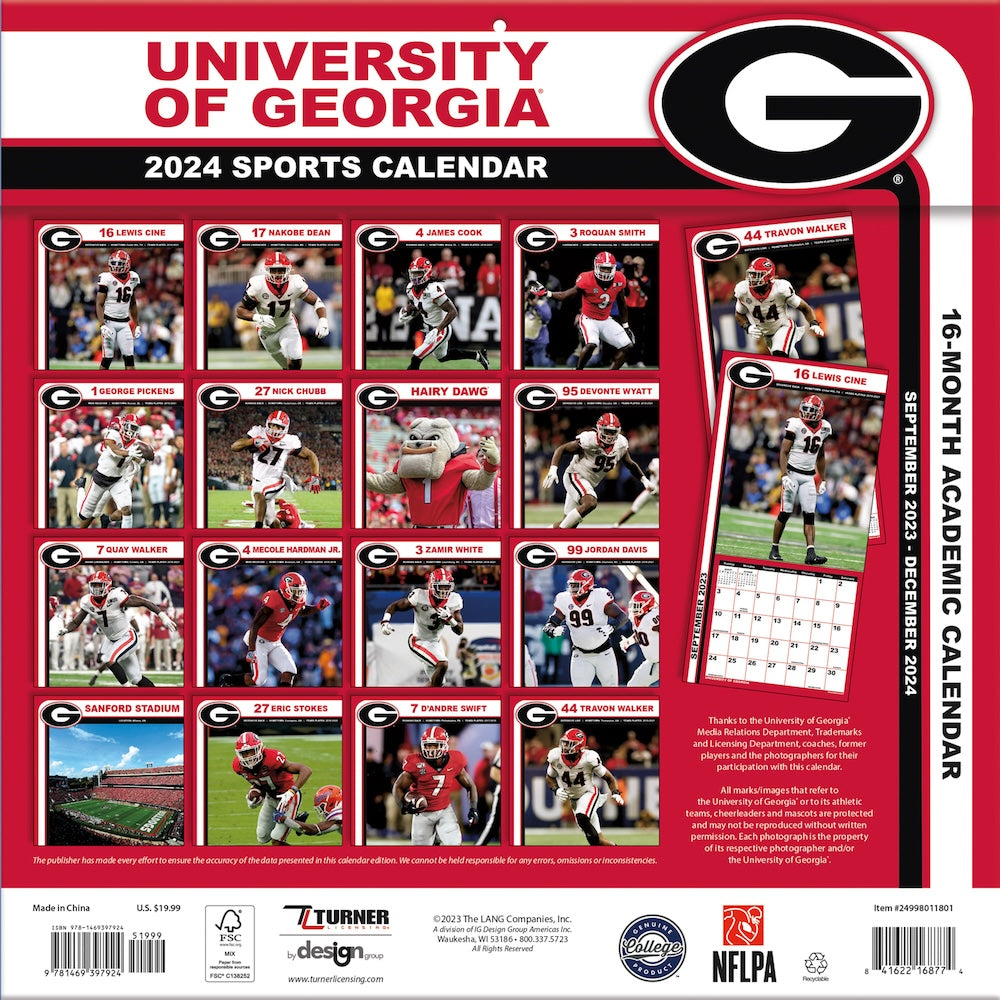 Georgia Bulldogs Team Photos Wall Calendar Back