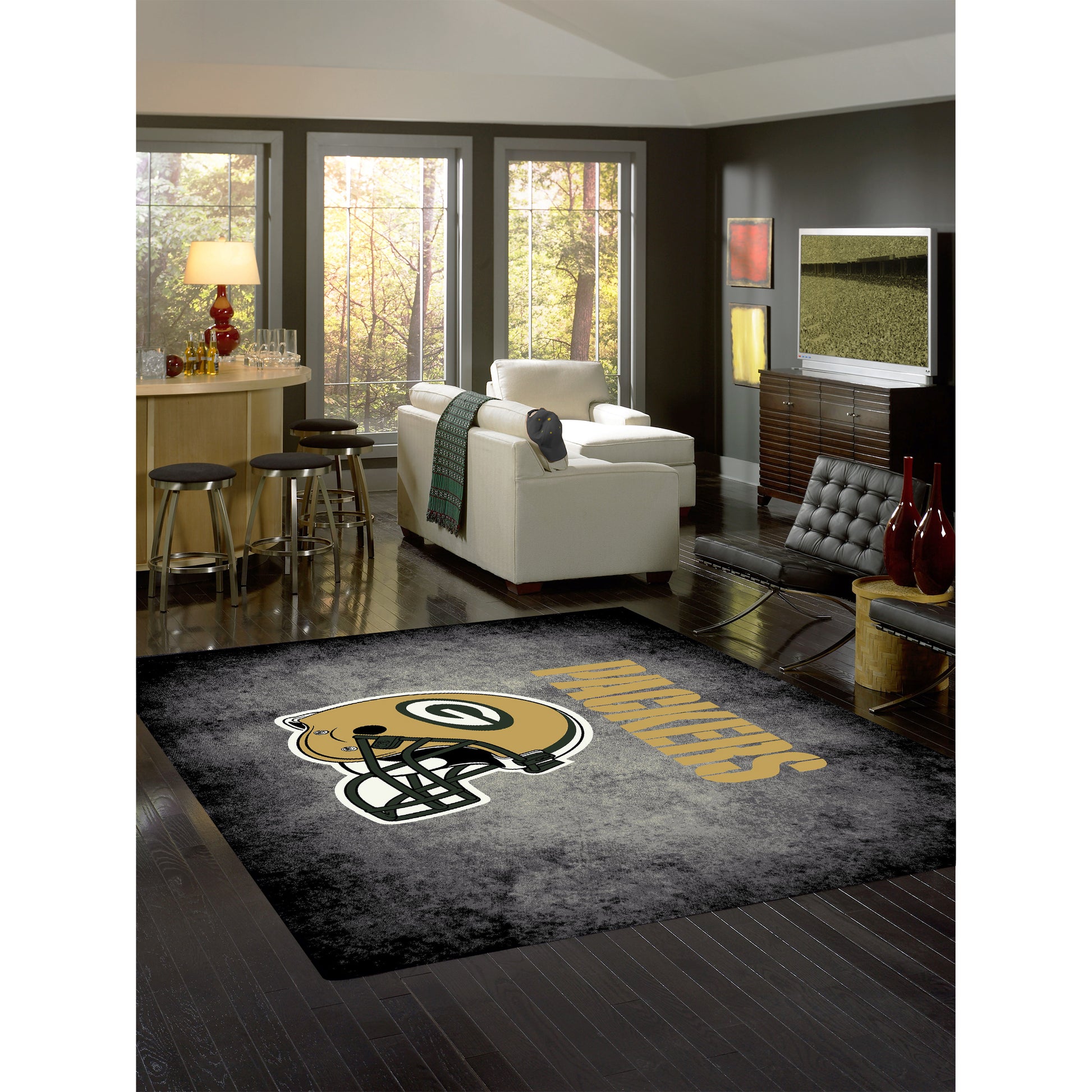 Green Bay Packers distressed style area rug lifestyle