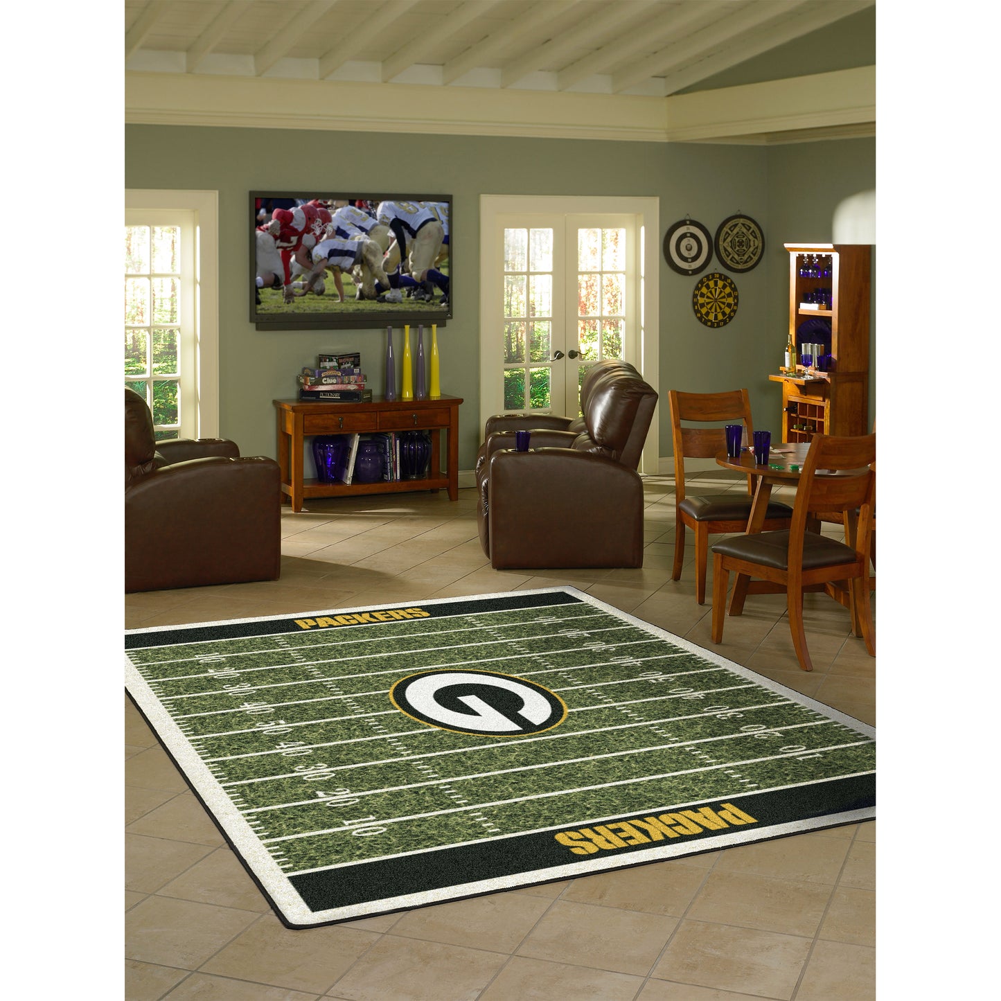 Green Bay Packers home field style area rug lifestyle