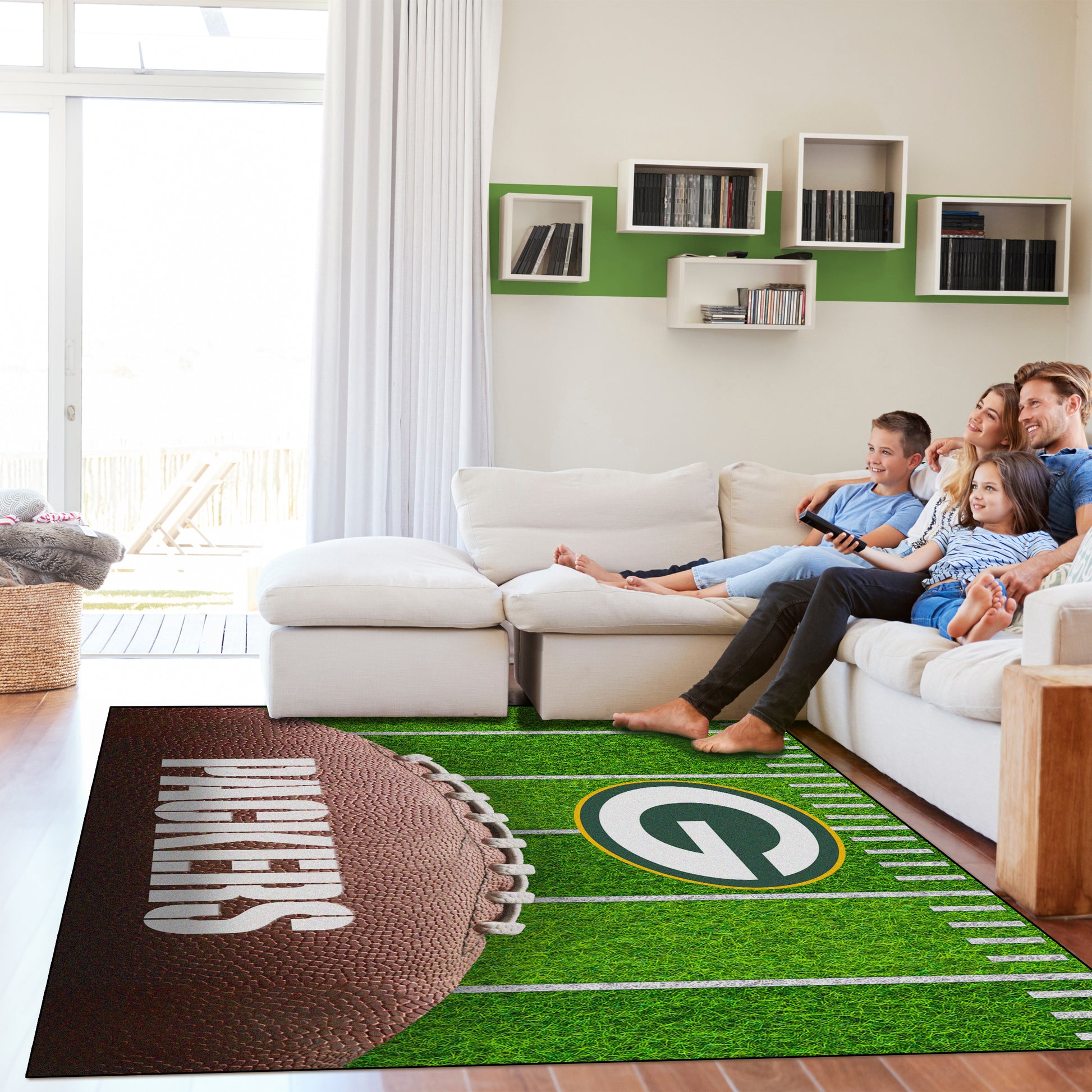 Green Bay Packers washable football field rug lifestyle