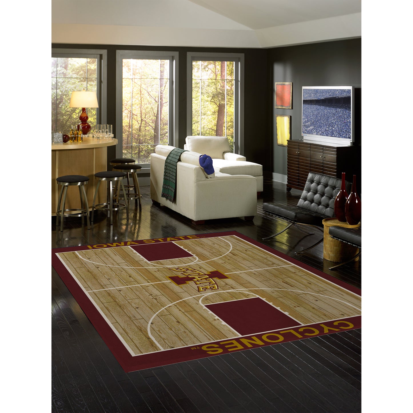 Iowa State Cyclones courtside style area rug lifestyle