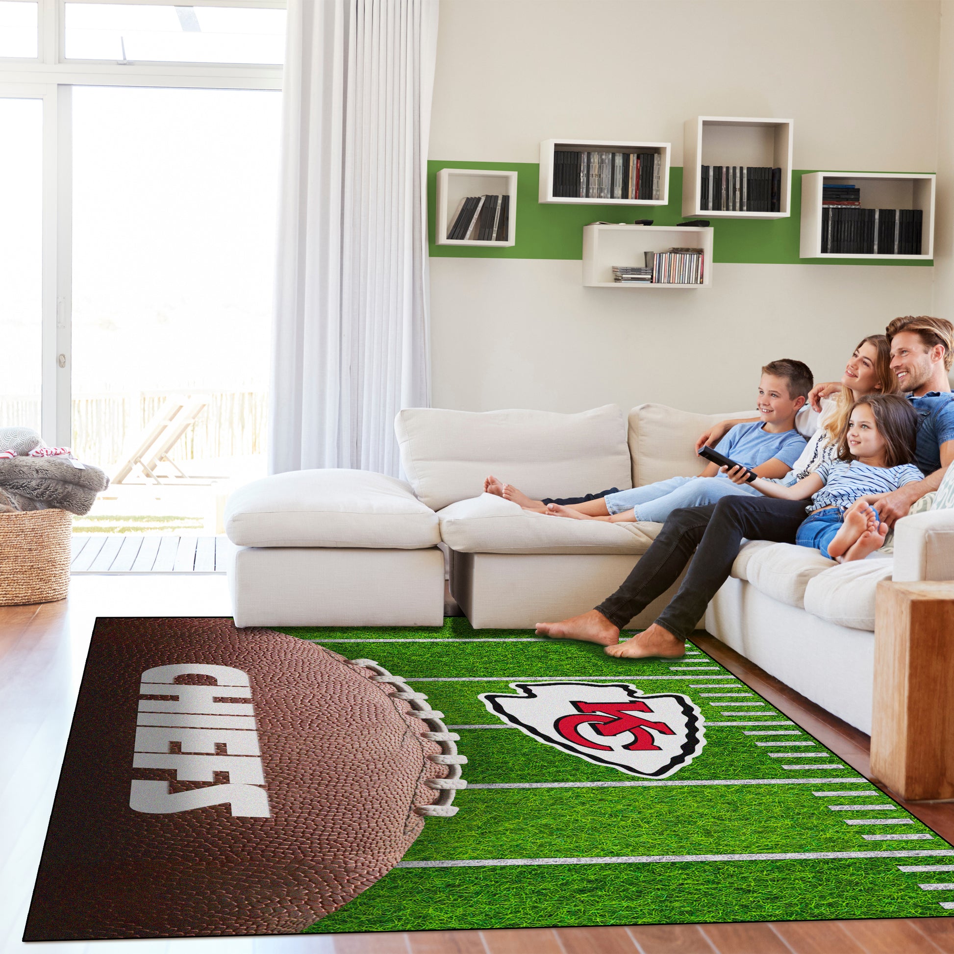 Kansas City Chiefs washable football field rug lifestyle