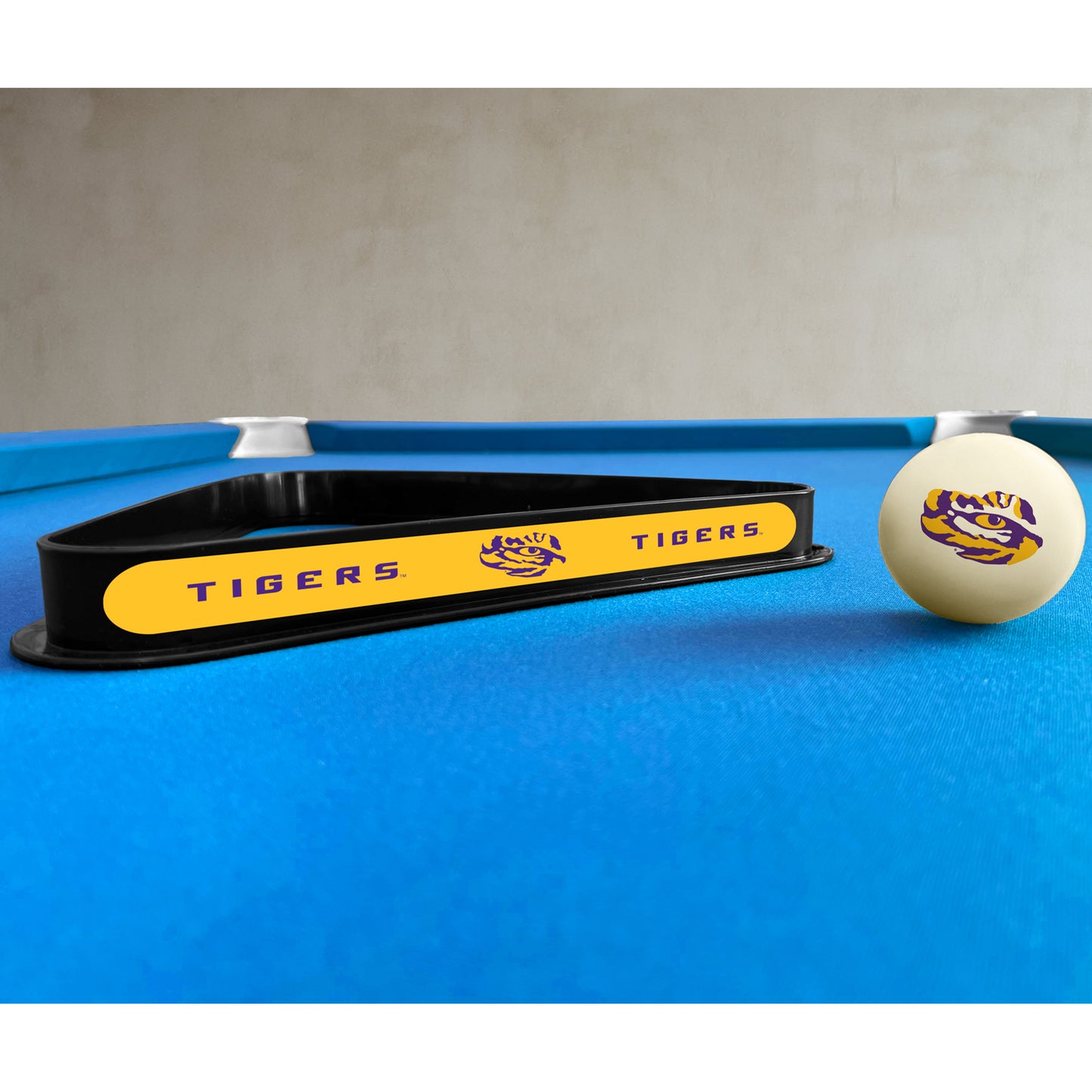 LSU Tigers triangle rack and cue ball set