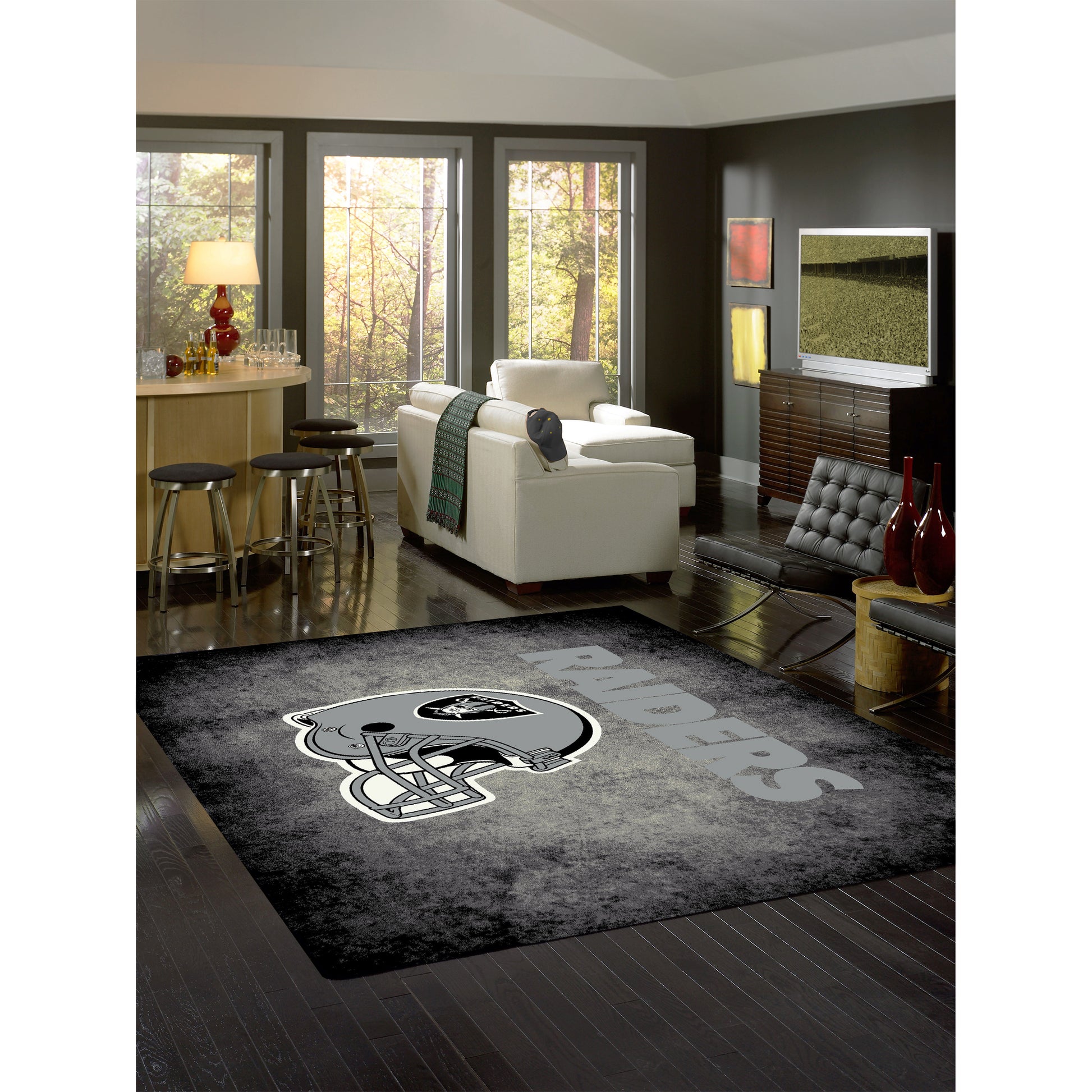 Las Vegas Raiders distressed style area rug lifestyle