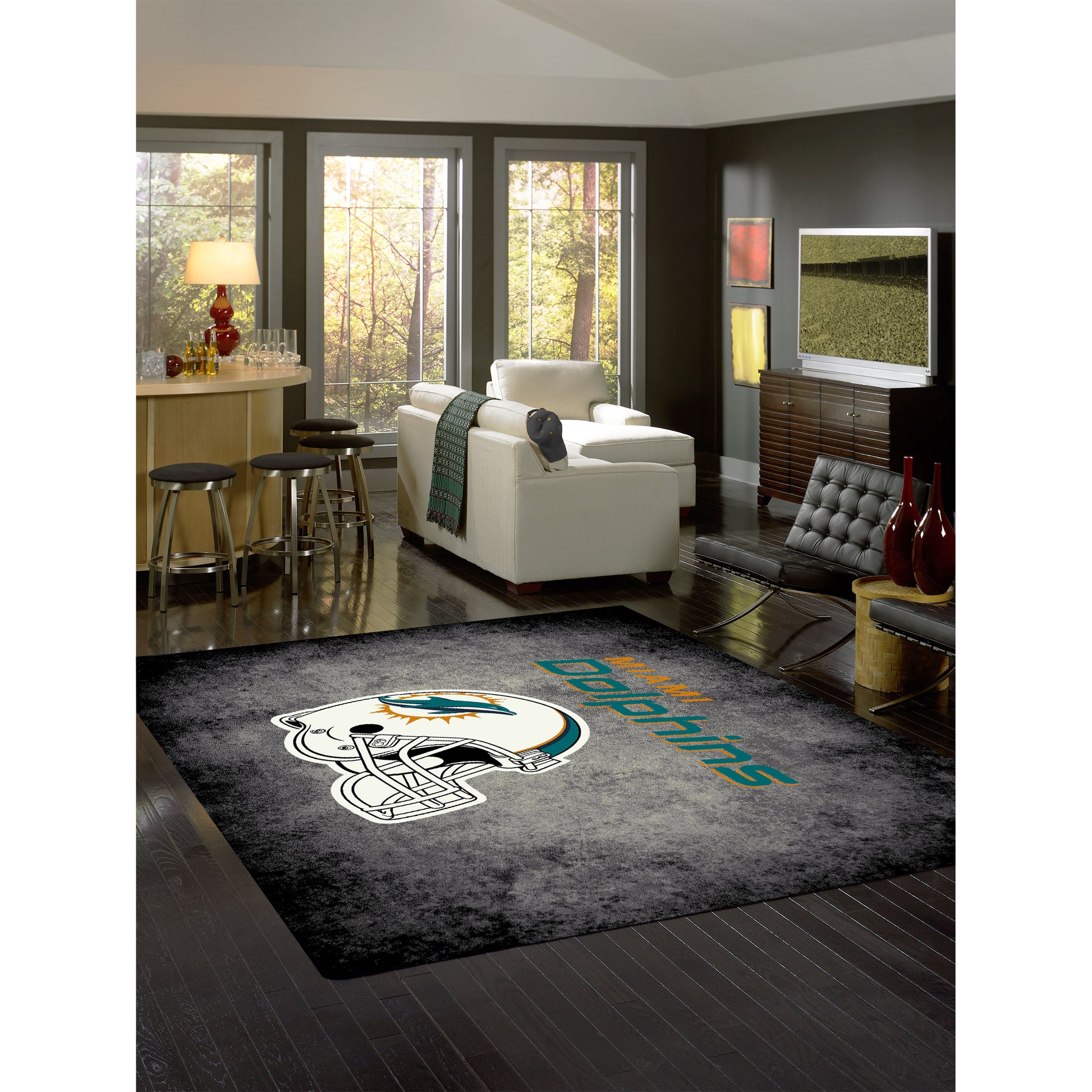 Miami Dolphins distressed style area rug lifestyle