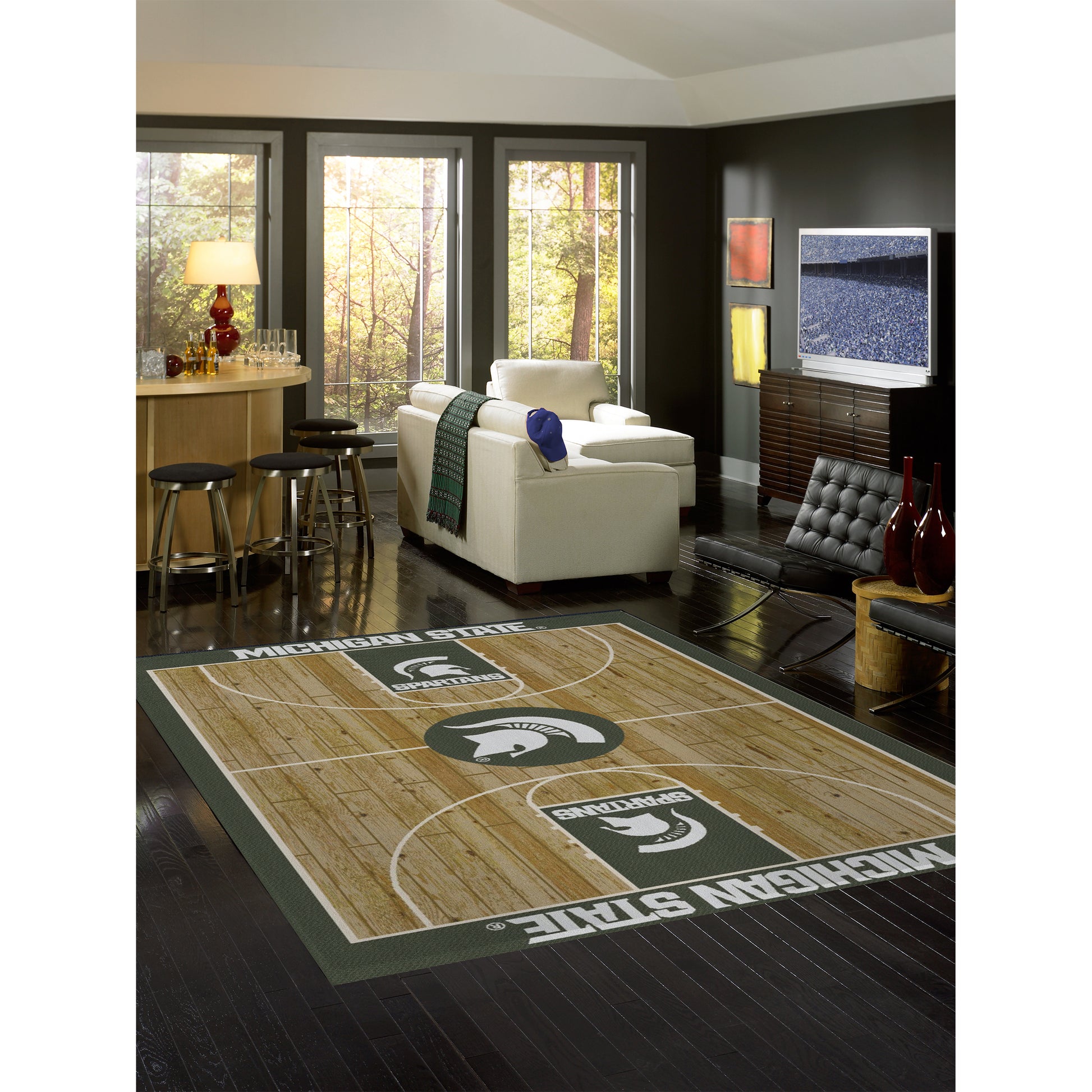 Michigan State Spartans courtside style area rug lifestyle