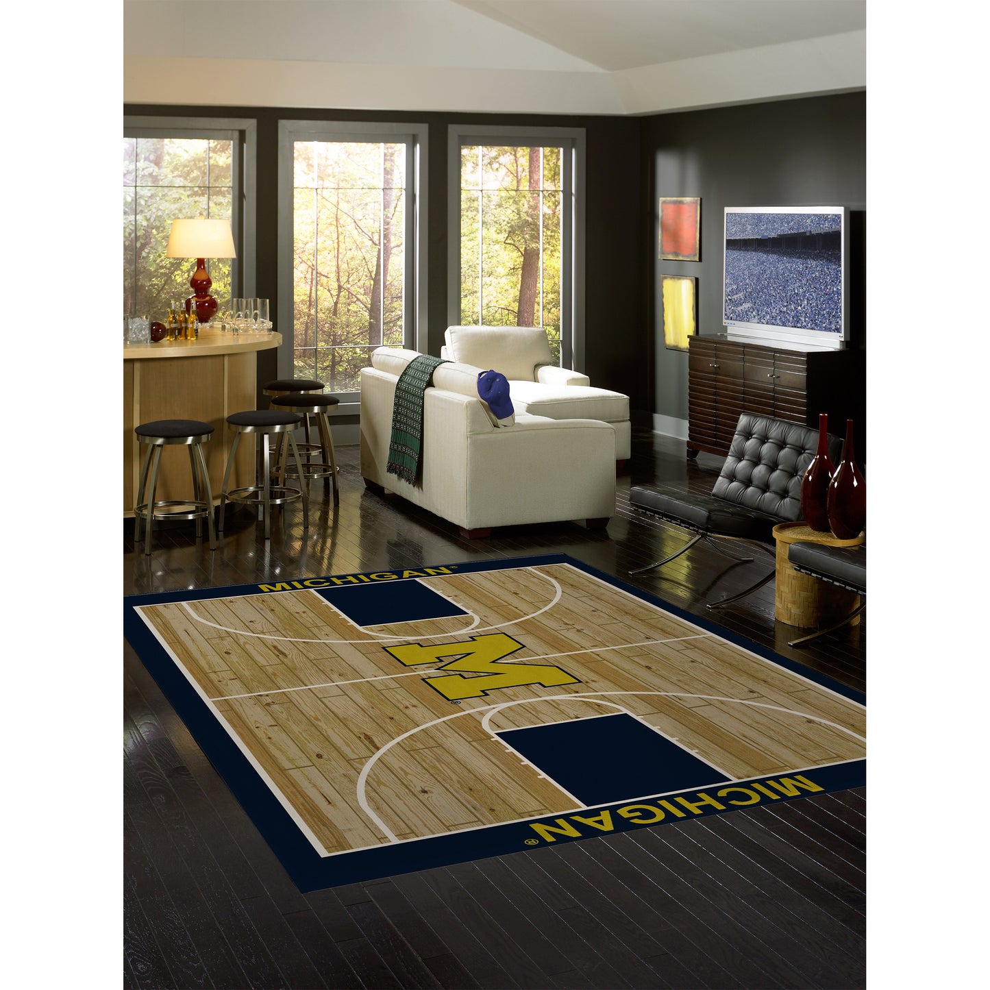 Michigan Wolverines courtside style area rug lifestyle